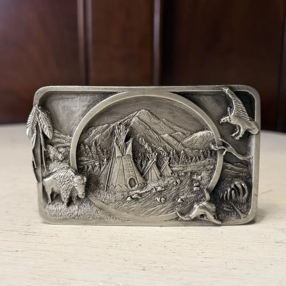 Vintage 1983 Siskiyou Native American Indian Pewter Belt Buckle Williams Oregon
